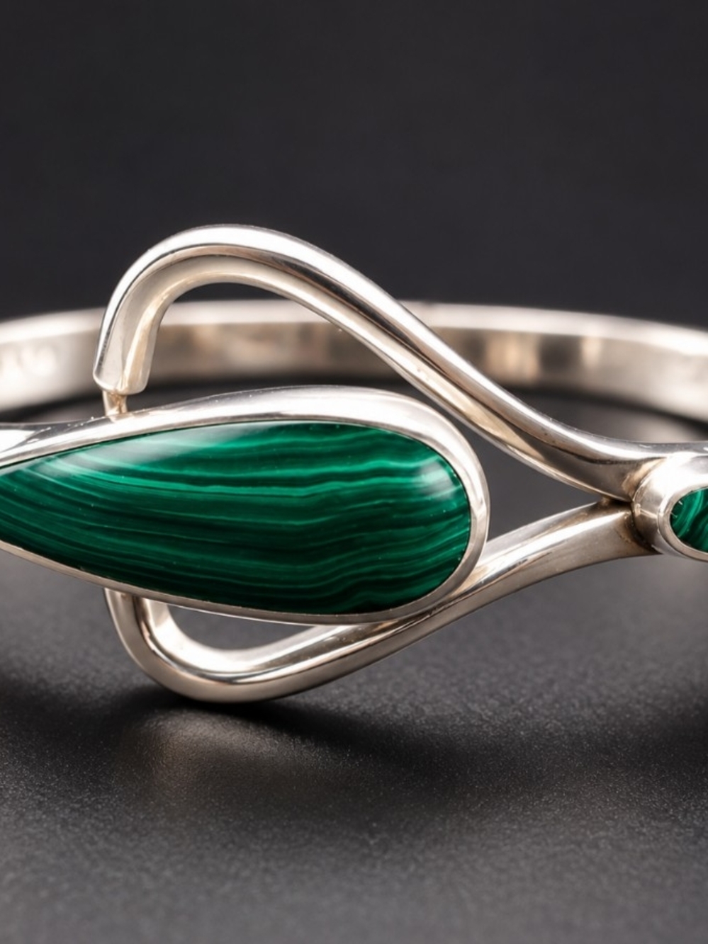 Vintage Taxco Sterling Malachite Hinged Bracelet 44g
